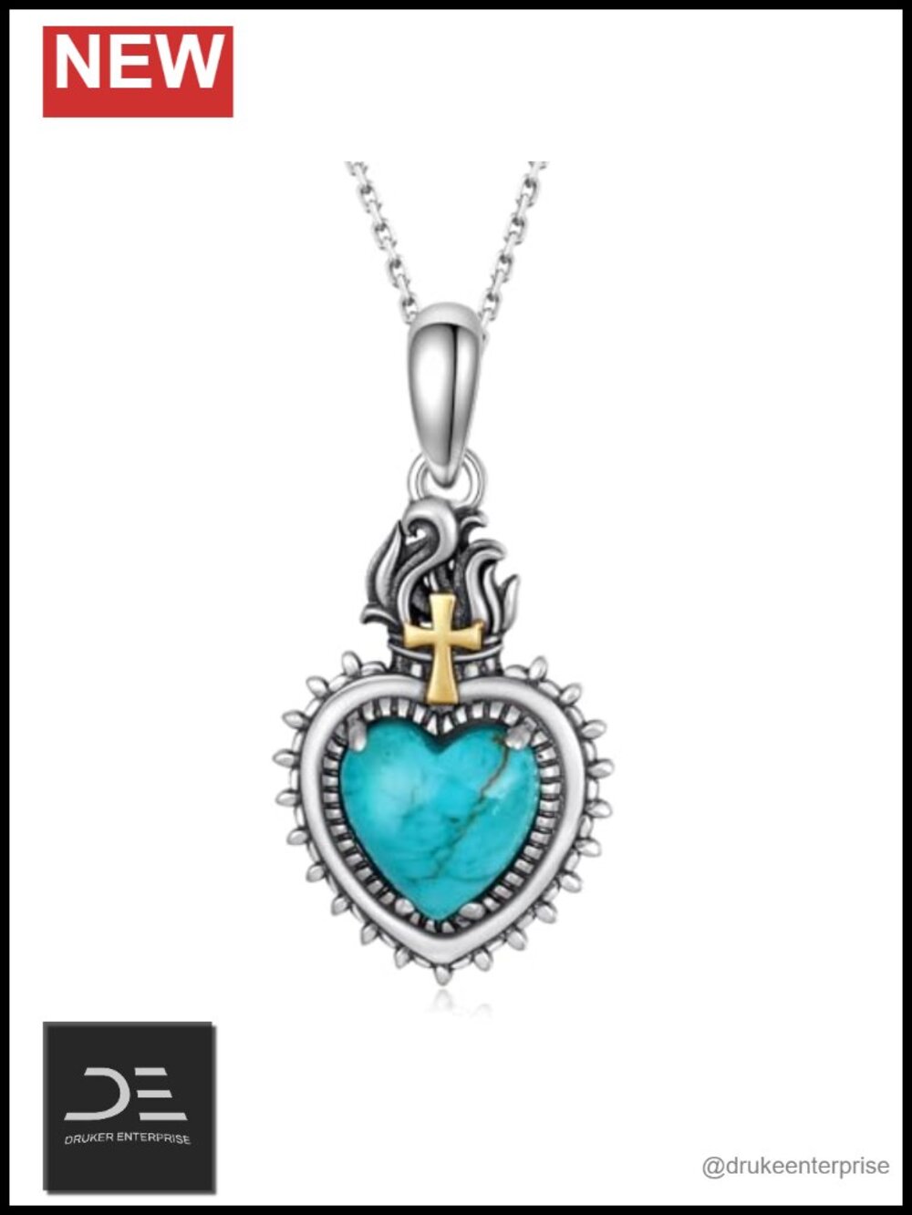 925 Sterling Silver Genuine Turquoise Sacred Heart Cross Pendant Necklace